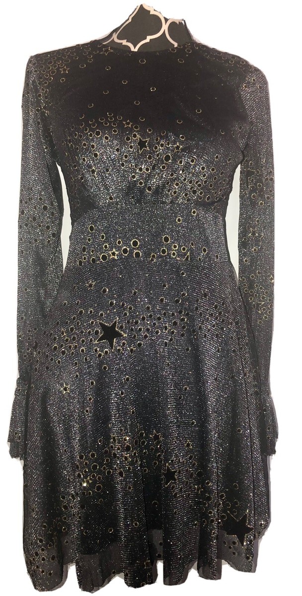 Zara Black Gold Metallic Velvet Stars Bishop Slvs Ruffle Cuff Occasion Dress M