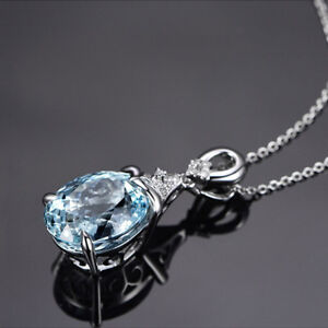 Retro Gemstone Natural Aquamarine Pendant Silver Chain Necklace Jewelry Gift New