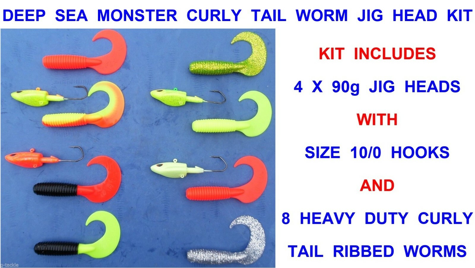 12pc DEEP SEA CURLY TAIL WORM 90g JIG HEAD KIT COD POLLOCK LURE POWERBAIT ISOME
