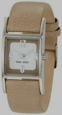 Nine West WOMEN'S Silver Toned Square Face WATCH - Leather Cream Tan Nude Band