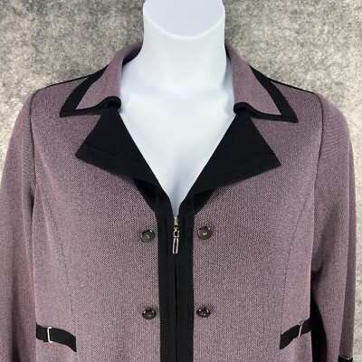 Misook Jacket Womens XL Petite Purple Black Notch Collar Contrast Trim Flowy Zip