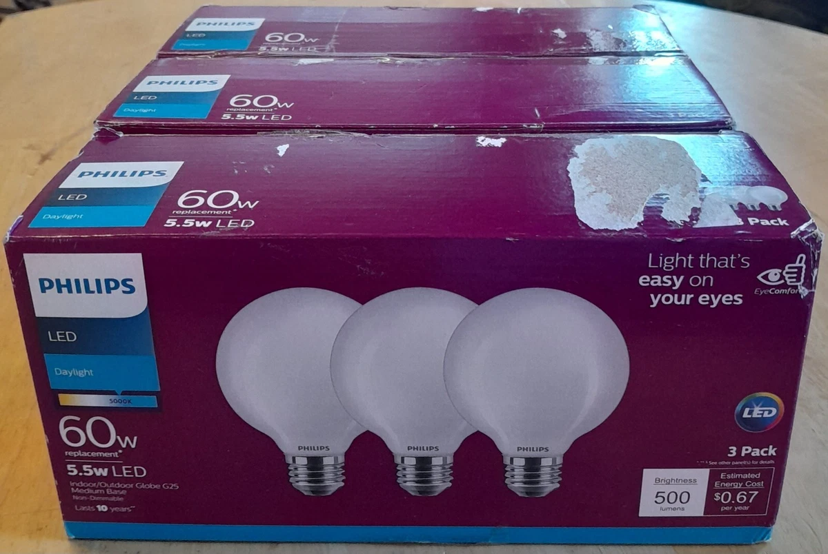Philips LED 60W Globe G25 Daylight Non Dimmable Frosted Light Bulbs 6 Pack