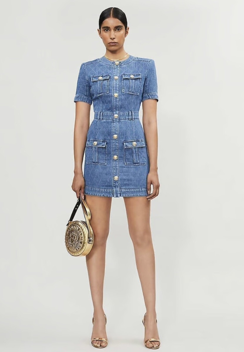 Gorgeous Authentic Balmain Gold Buttons Blue Denim Mini