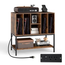 Record Player Stand w/Charging Station Vinyl Storage Holder Shelves Metal Frame