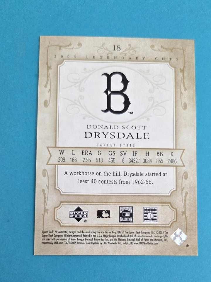 2005 SP Legendary Cuts #18 Don Drysdale Los Angeles Dodgers BASEBALL Card C8 - Image 2 of 2
