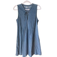 Old Navy Blue Denim Sleeveless Dress Pleated Yoke Tie Front Neck Denim SZ SMALL