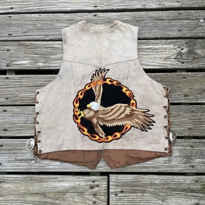 Zony Inc Vintage Leather Biker Vest Eagle Flame Patch Lace Up Concho Mens L
