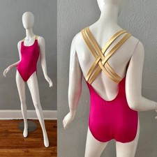 Vintage 80s Shiny Pink Aerobic Gold Straps Swimsuit One Piece M