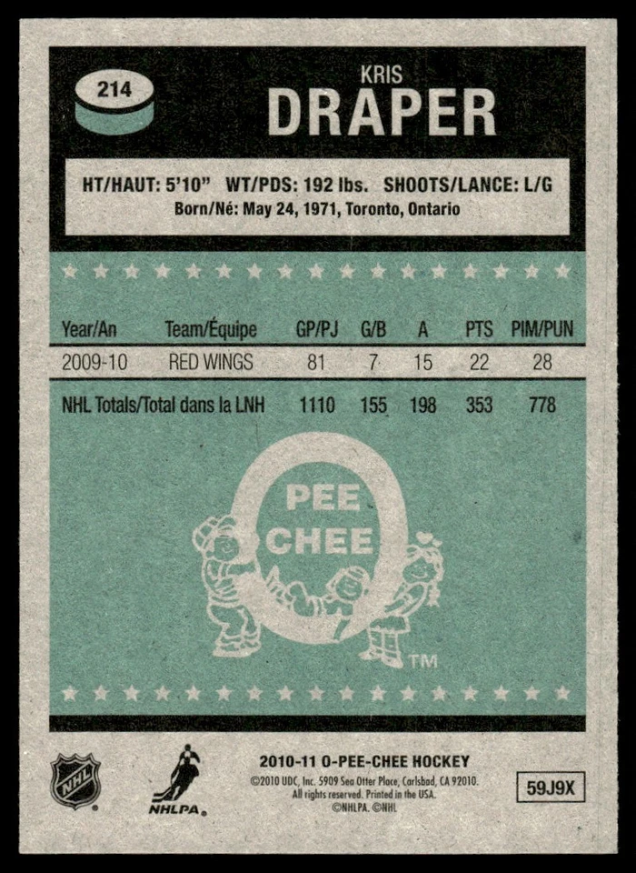 2010-11 O-Pee-Chee Retro Kris Draper Detroit Red Wings #214 - Image 2 of 2