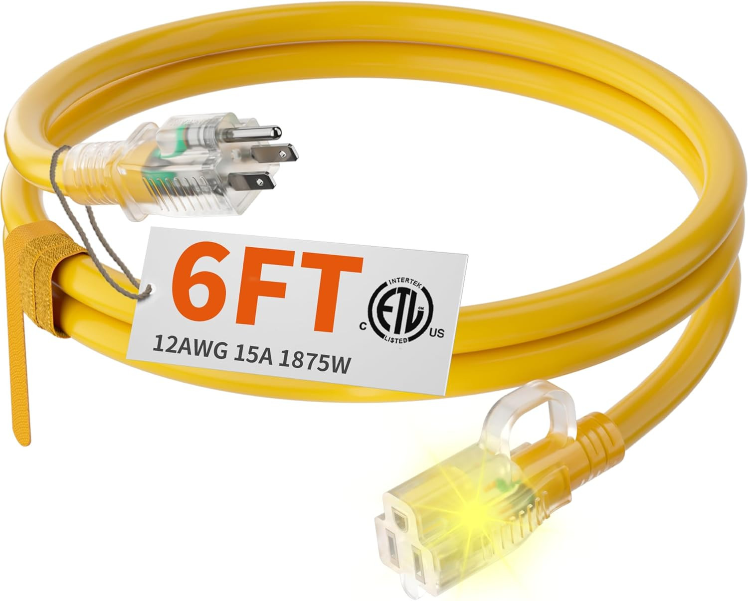 12/3 Gauge Heavy Duty Outdoor Extension Cord 6 Ft Waterproof with Lighted End, F