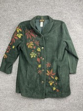 Bob Mackie Wearable Art Jacket Womens L Green Embroidered Leaf Button Front