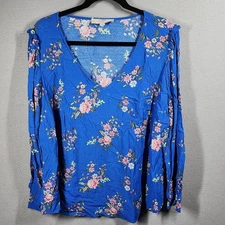 Loft Plus Shirt Womens 16 Blue Floral V Neck Long Sleeve Rayon Blouse Top
