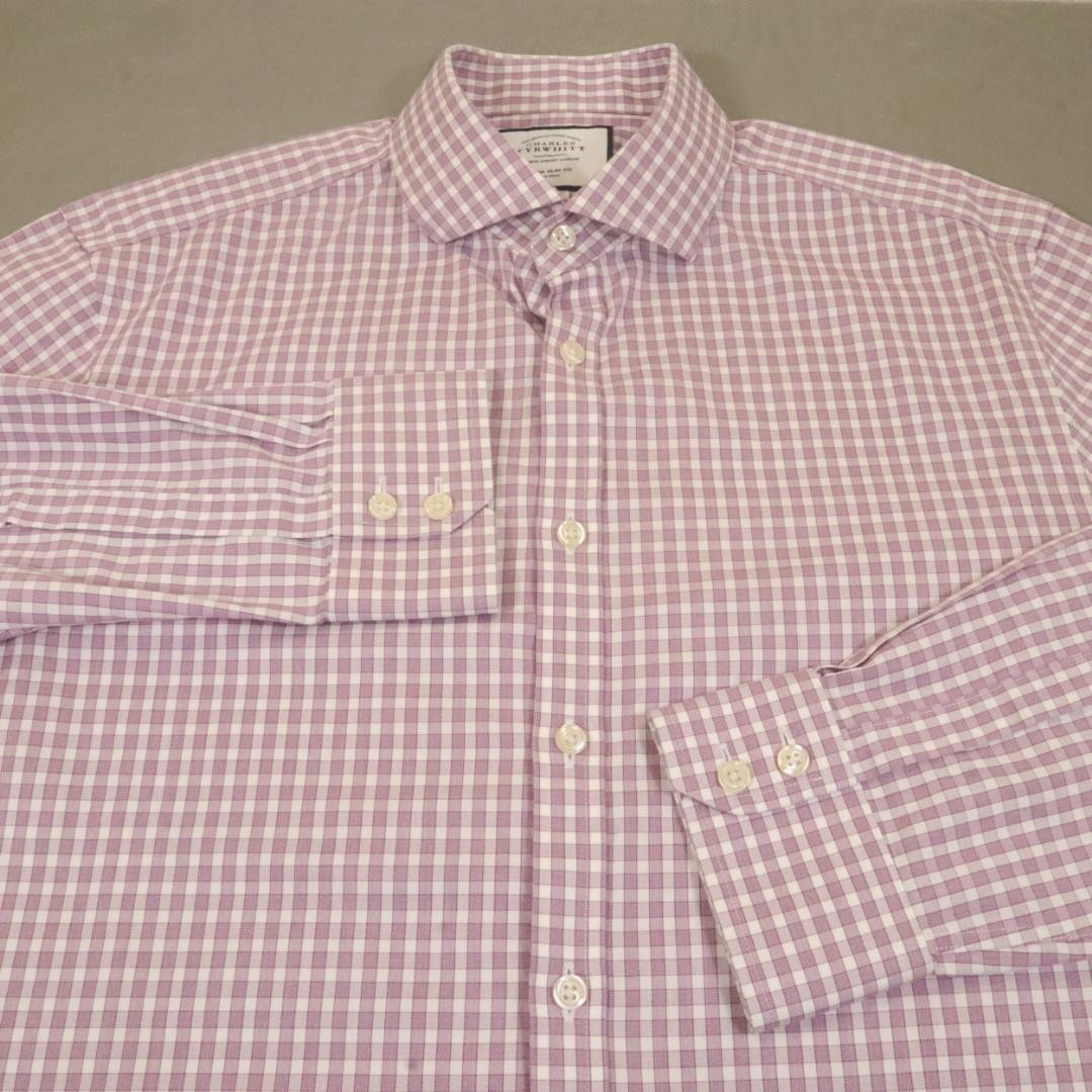 Charles Tyrwhitt Dress Shirt Mens 16.5 34/35 Large Purple Gingham Check Slim