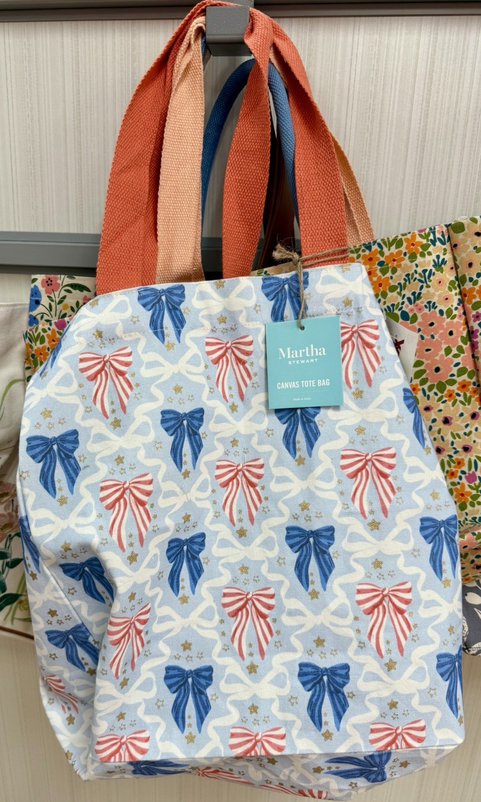 MARTHA STEWART HOME Canvas REUSABLE TOTE Red, White & Blue Patriotic Bows
