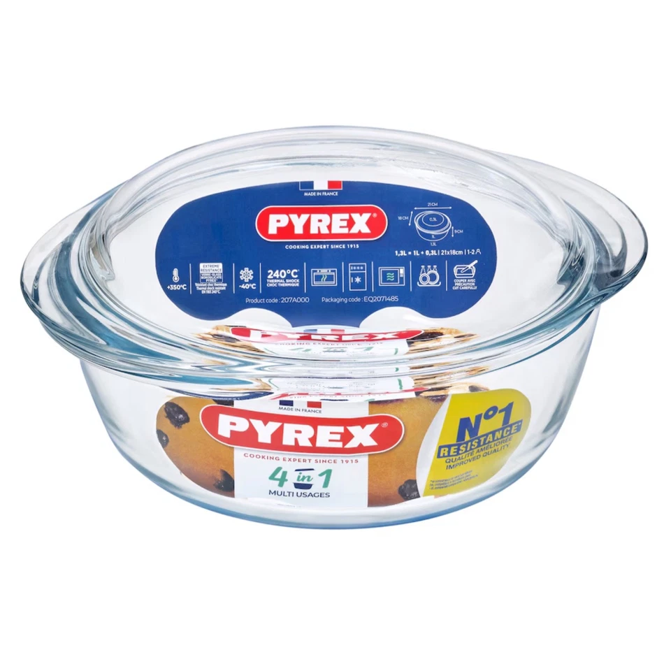 Pyrex 4-in-1 Casserole Dish With Lid 1.3L Oven Dishwasher Safe Glass Cookware - Image 1 of 1