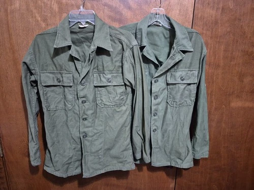 2VTG Vietnam 196Os OG-107 Sateen Military Fatigue Shirt Mens US Army Olive Green