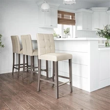 CorLiving Leila Beige Fabric Bar Height Barstool with Gray Solid Wood Legs