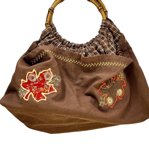 Sac à main fausse poignée bambou feuille d'automne citrouille broderie tissu marron rétro - Photo 4/5