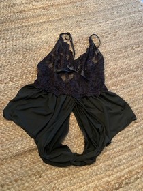 Vtg Style Sheer Black Lace  Open Crotch Teddy Bodysuit Frilly Coquette Sz M New!