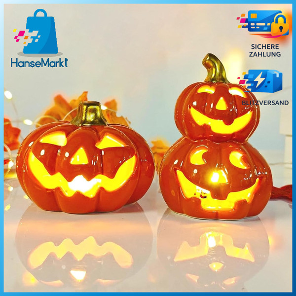 Herbstdeko KüRbis 100% Keramik Laterne Led Lampe FüR Herbst Halloween 2 StüCk-image