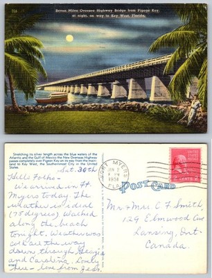 Vintage 1951 Florida Keys Seven Mile Bridge Night Linen Postcard Key West