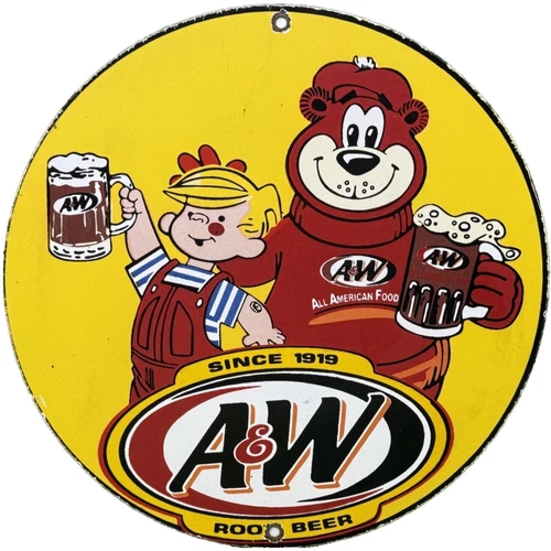 VINTAGE A & W "M-M-M GOOD!" PORCELAIN SIGN DENNIS THE MENACE ROOT BEER FLOAT