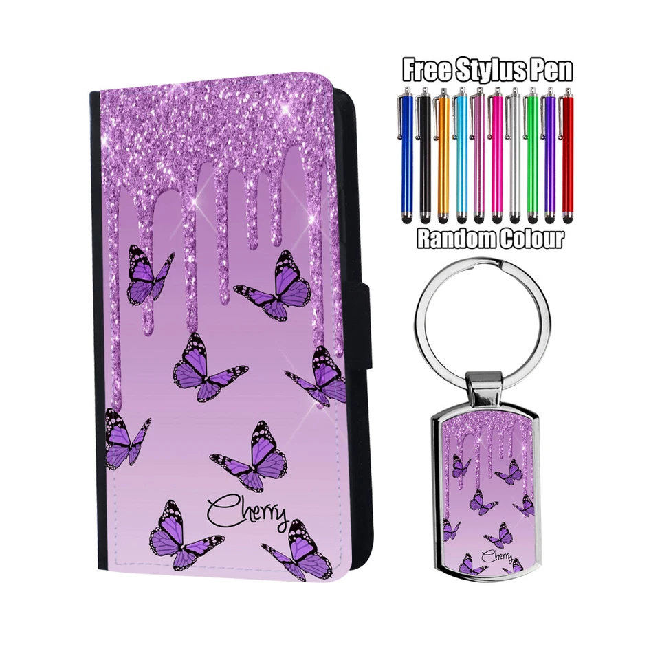 PERSONALISED Name Butterfly GlitterFlip Leather Wallet Phone Case + Keyring - Image 3 of 4