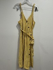 Lumiere Yellow White Striped Belted Button Dress SZ Medium