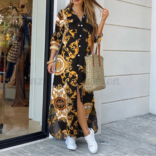 Damen Freizeit Kragen Langarm Shirt Kleid Blumen Knöpfe Lose Midikleid - Bild 45 von 46