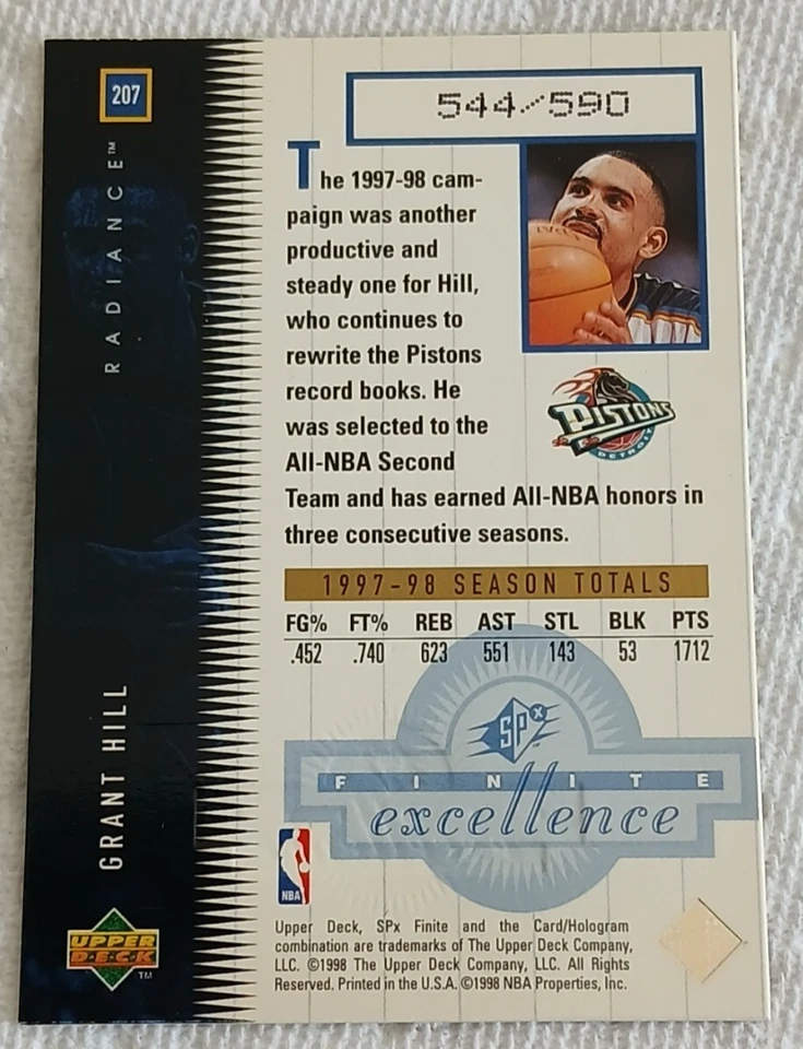 1998-99 SPx Finite Excellence Radiance 544/590 Grant Hill #207 HOF Pistons - Image 2 of 2