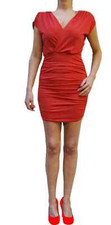  JOHN ZACK RED CROSS OVER V NECK DRESS WITH GATHERED EFFECT SKIRT