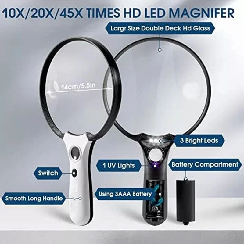 Large Magnifying Glass with Light 10X 20X 45X Handheld with 3 LED Lights 1UV NEW - Image 4 of 4