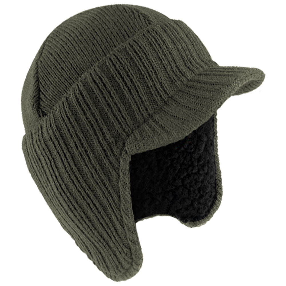 MENS PEAKED KNIT WINTER WARM FLEECE LINED CAP HAT BEANIE EAR FLAPS WORK  OUTDOOR