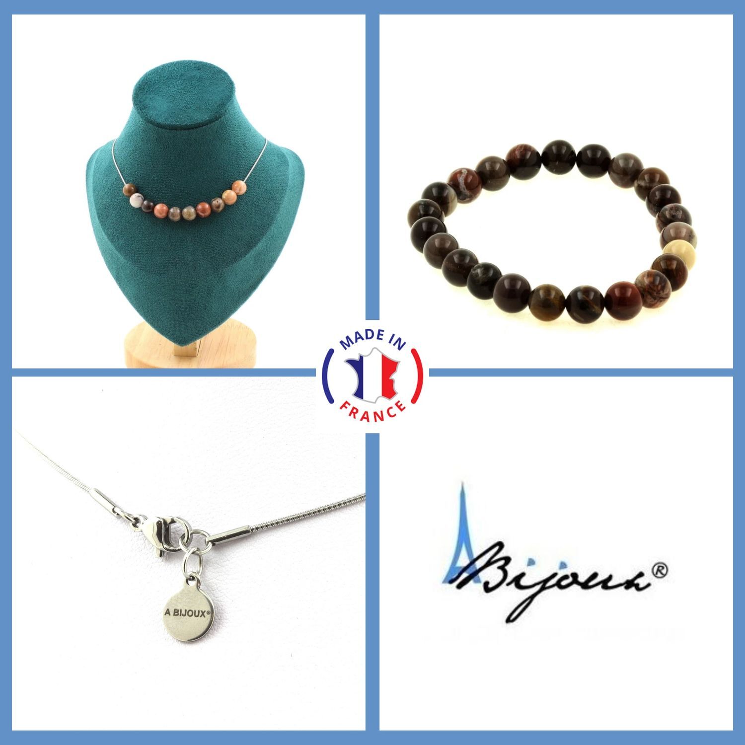 Parure bijoux collier bracelet 10 perles bois pétrifié pour sublimer vos tenues bohèmes chic
