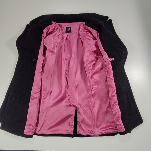 GAP Pea Coat Womens Medium Black Wool Double Breasted Pink Lined Classic Style - Picture 3 of 24