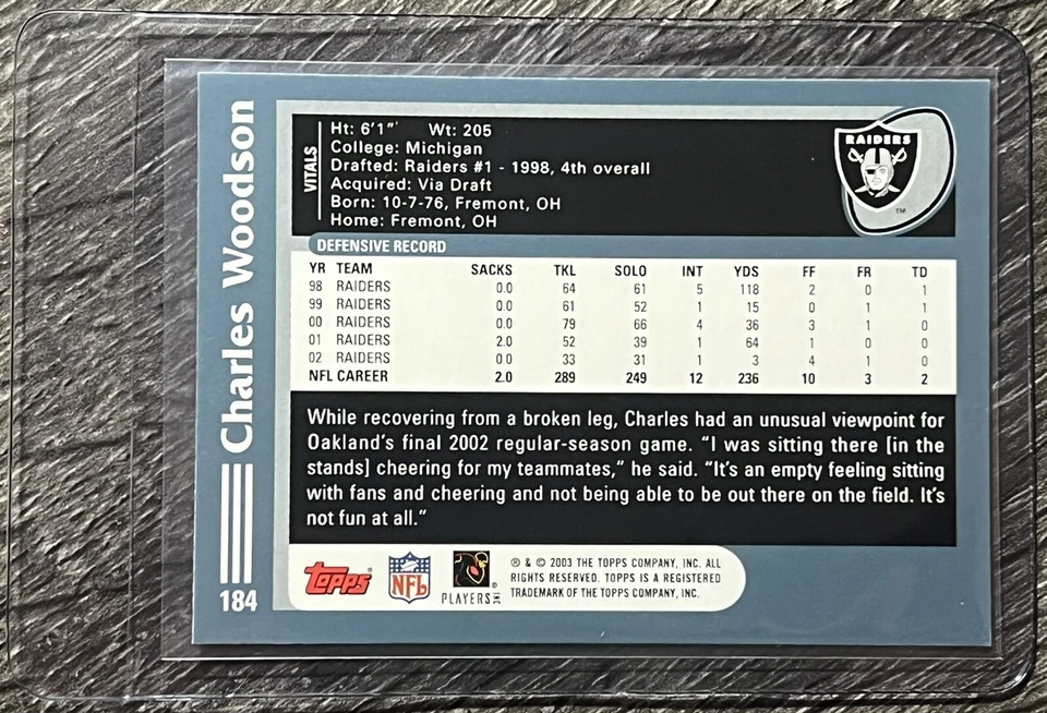 2003 Topps 🏈 1st Edition #184 CHARLES WOODSON 🏈 Raiders 🏈 FREE SHIPPING 🏈 - Image 2 of 2