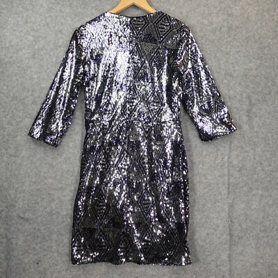 Laundry By Shelli Segal Womens Sequined Faux Wrap Cocktail Dress, Navy/Silver