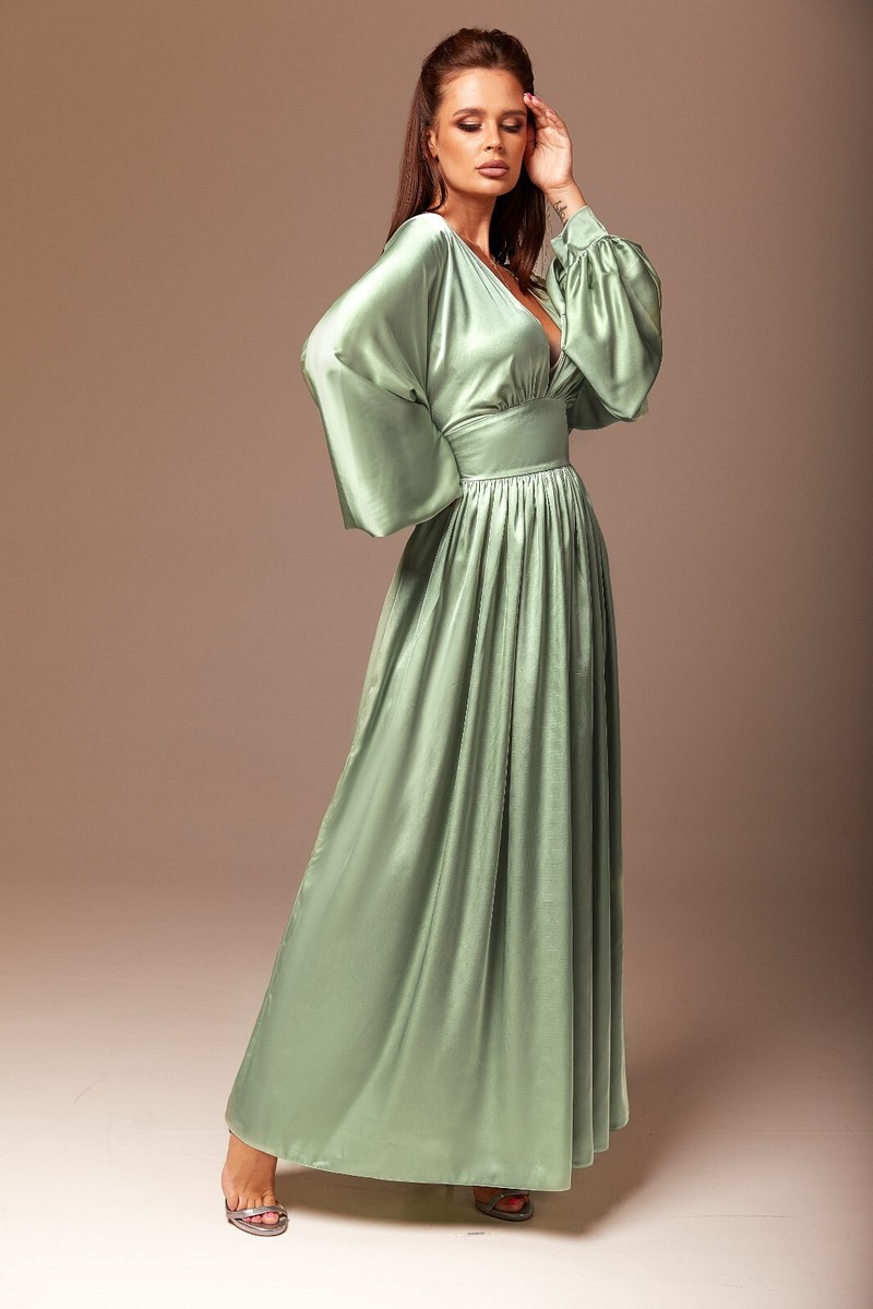 Sage green satin maxi dress for women V-neck long sleeve party wedding guest  | eBay