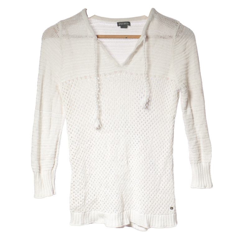 Eddie Bauer Sweater Pullover Knit Airy V Neck Drawstring Cream Women Small