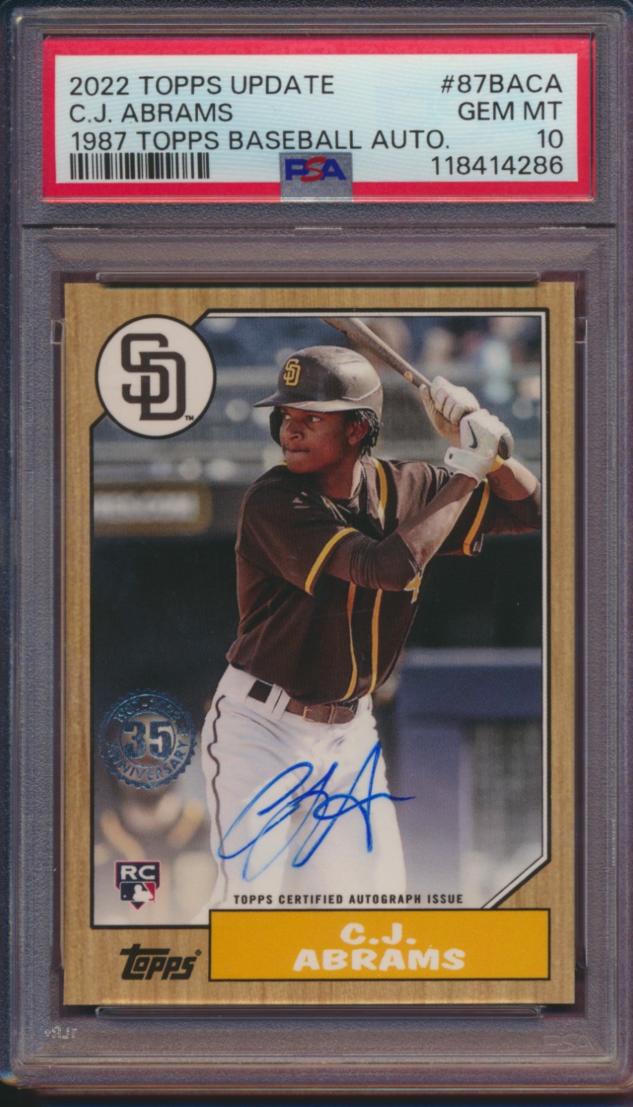 2022 Topps Update 1987 Topps Baseball CJ Abrams Rookie Auto RC PSA 10 Low Pop