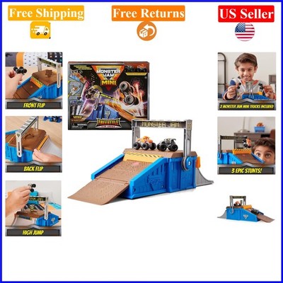 Mini Freestyle Flip Arena Playset for Kids with 2 Monster Trucks, Portable