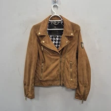 Holland Cooper Brown Soft Suede Leather Country Biker Houndstooth Jacket Uk 12