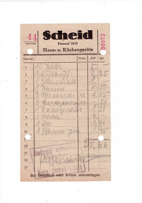 Alte Rechnung von Scheid ca. 1945, Haus- u. Küchengeräte, in Paderborn (Reklame)
