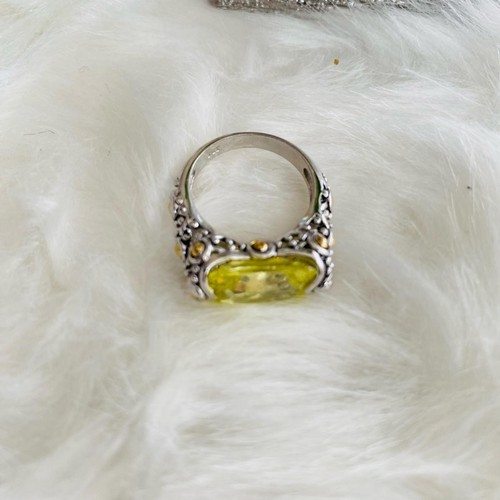 Vintage Style Yellow Gemstone Ring with Ornate Silver Band