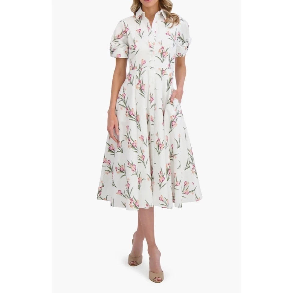 TED BAKER London Floral Puff Sleeve Midi Shirtdress Shirt Dress Ultra White 8 - Image 4 of 4