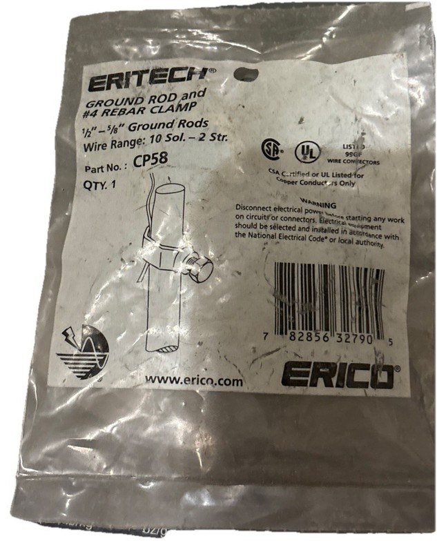 Erico Ground Bar And #4 Rebar Clamp 1/2”-5/8” Ground Rods Wire #10 Solid-#2 Str.