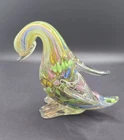 Vintage Murano Style Art Glass Swan Figurine Gold Aventurine Latticino 4"  14oz