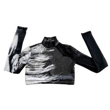 Dance Crop Top Women Small Black White Abstract Mesh Open Back Cutout