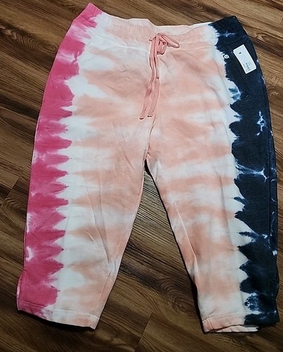 Livi Lane Bryant Women Pink Navy Blue Tie Dye Active Crop Capri Sweatpants 22/24