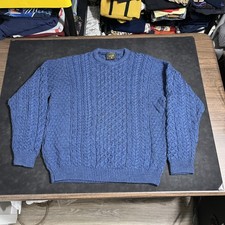 Carraig Donn Merino Wool Sweater Men Large Blue Soft Cable Knit Pullover Ireland